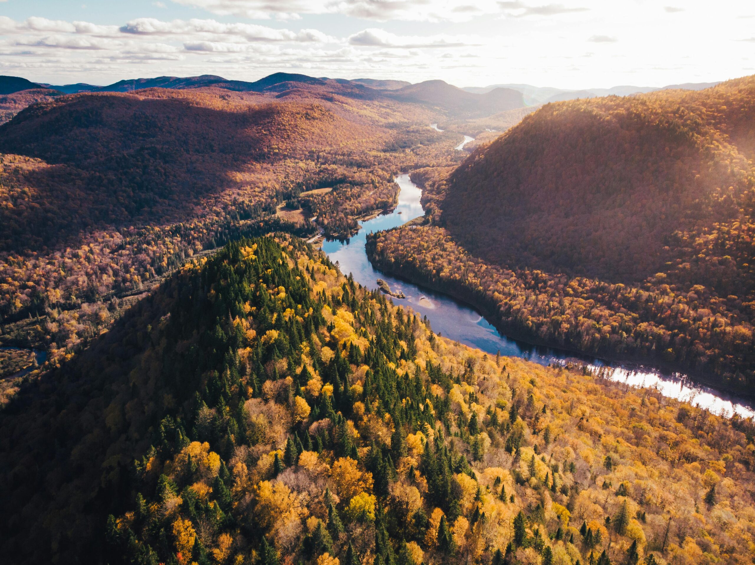 A breathtaking aerial view of fall foliage in Québec's National Park, highlighting vibrant autumn colors and serene river scenery.