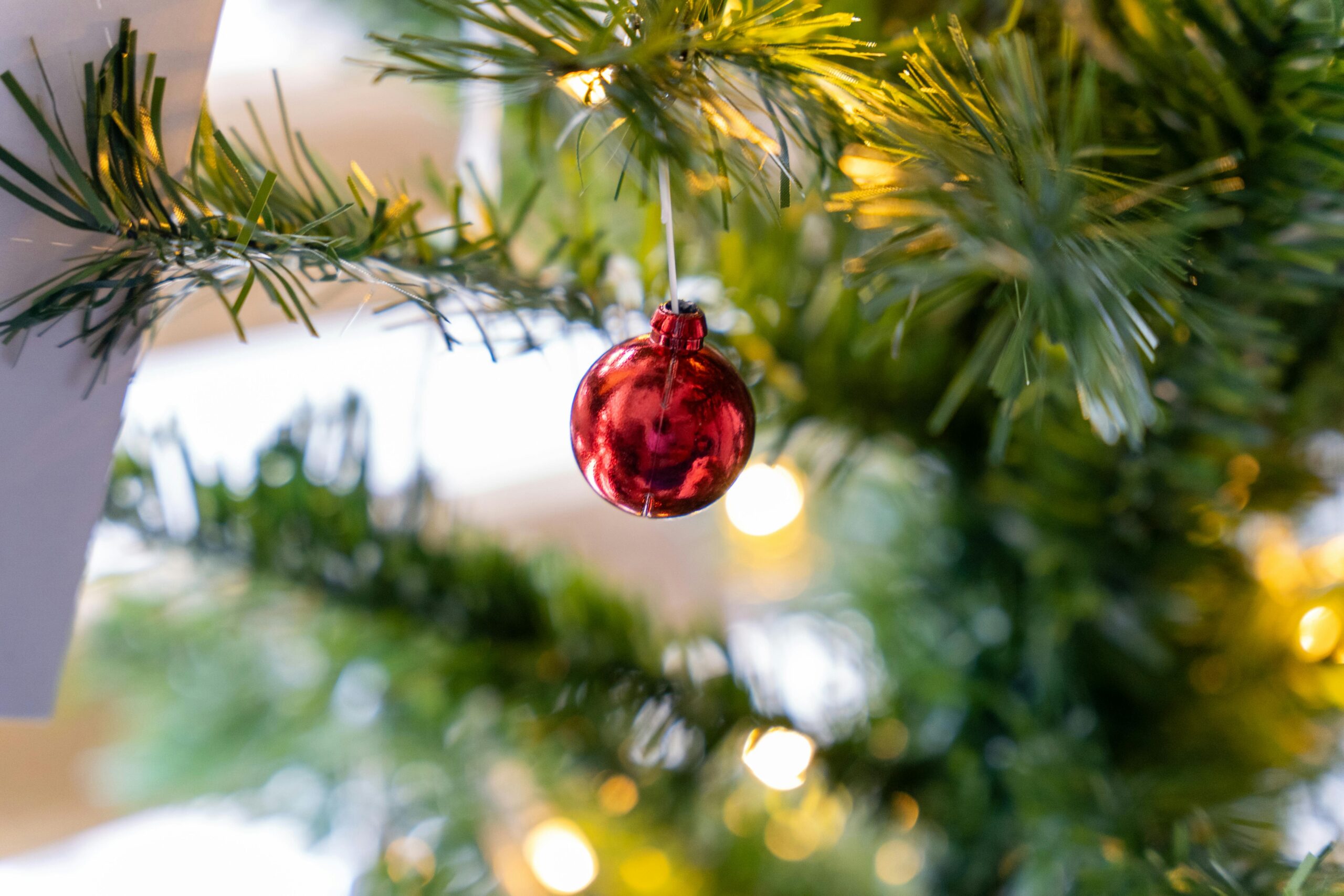 Close-up of a red ornament hanging on a mini Christmas tree branch with blurred lights.